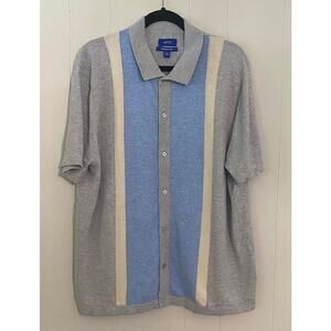 Collared Short Sleeve Button Front Leisure Sweater Blue Gray Cotton‎ Blend XXL